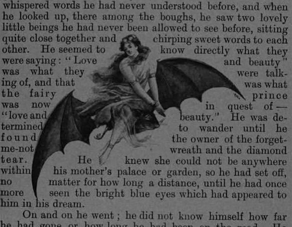 An antique storybook page with an engraving of a girl riding a bat